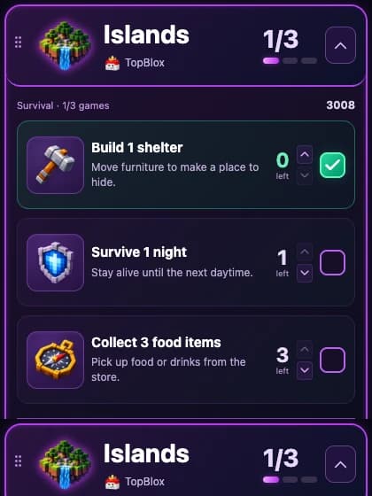 TopBlox Islands widget example showing expanded and compact views for 3008, with manually checked tasks and counters