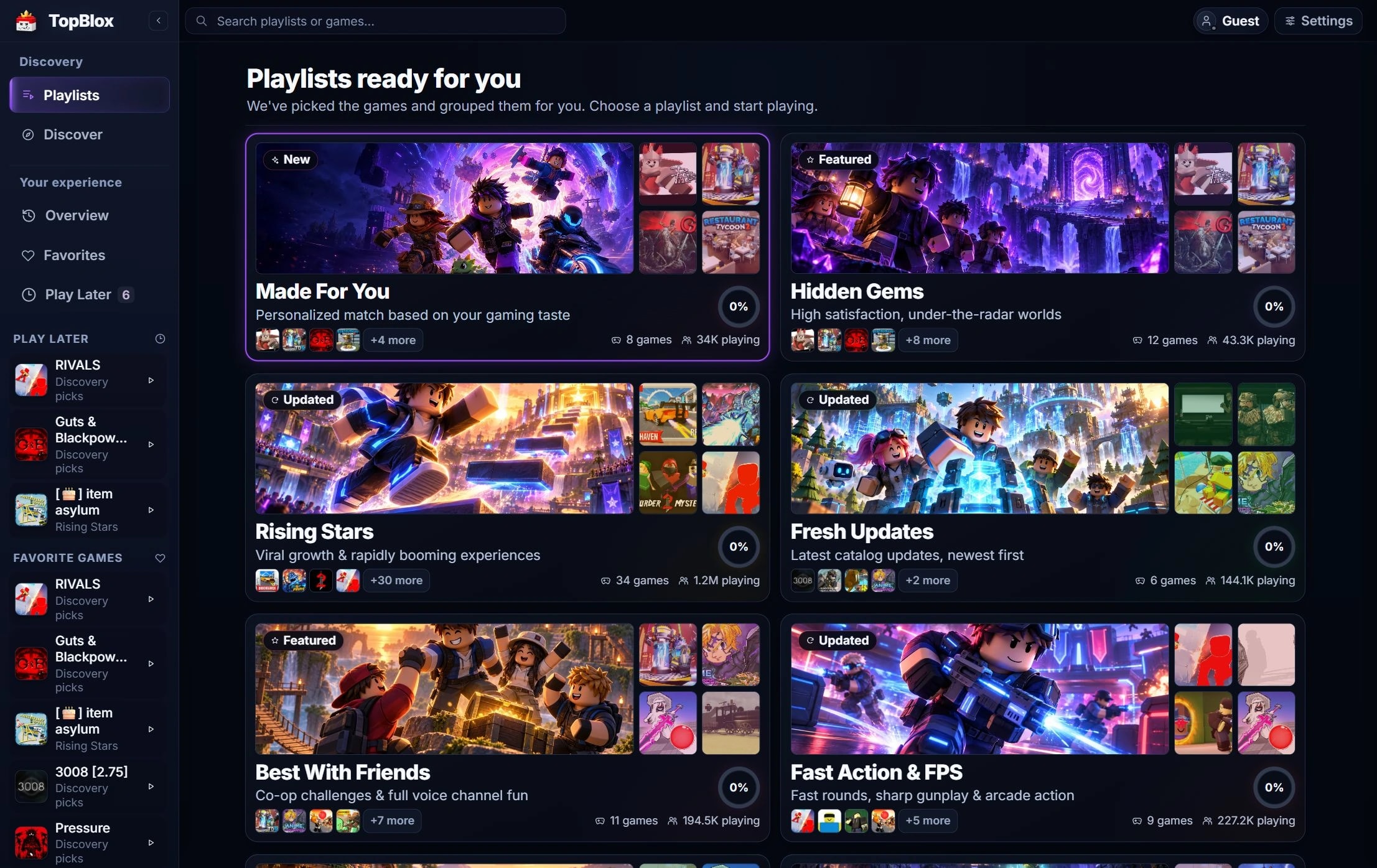 TopBlox playlist library showing themed collection cards and game previews
