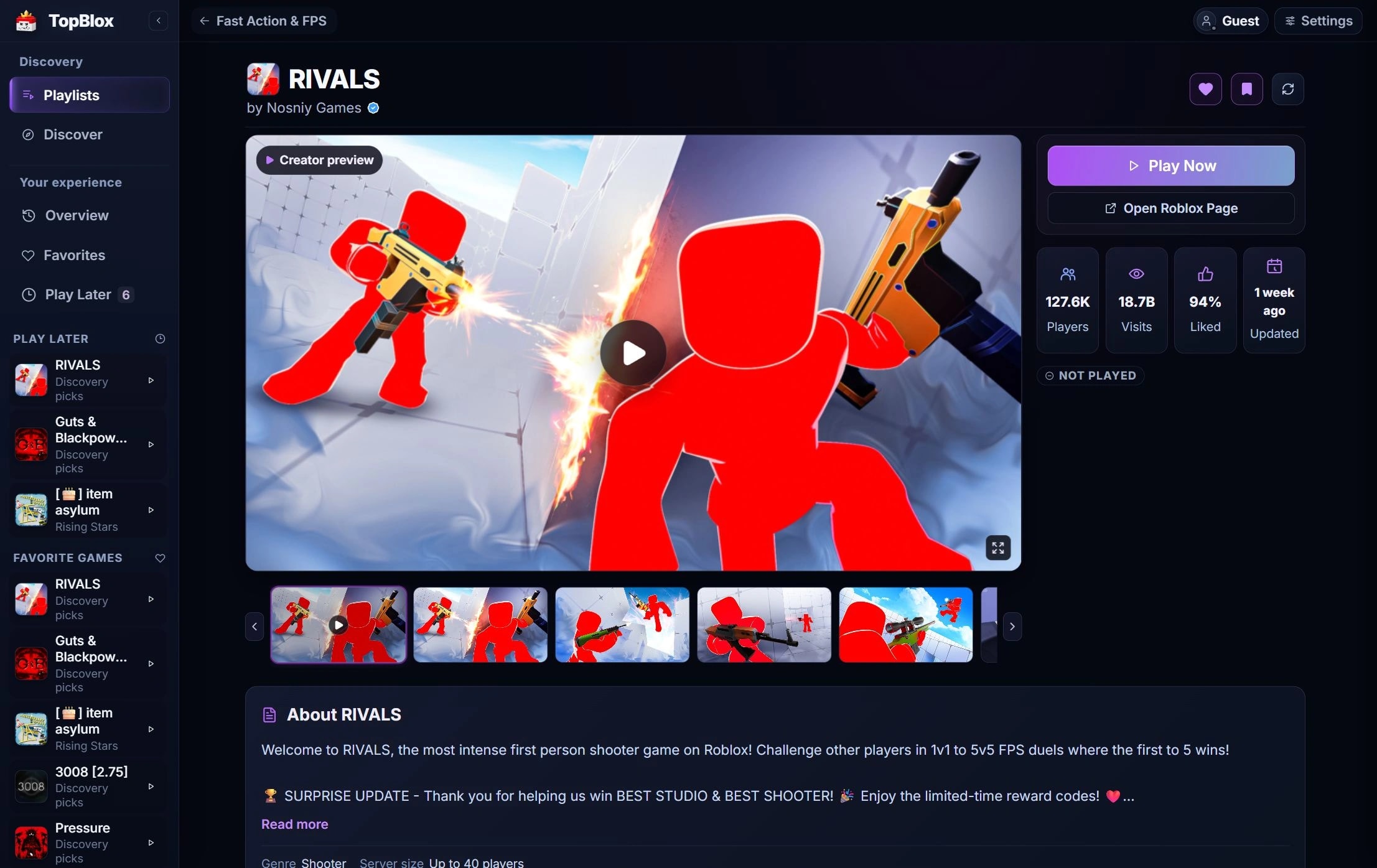 TopBlox RIVALS game details showing creator media, public game information, Play Now, and Open Roblox Page actions